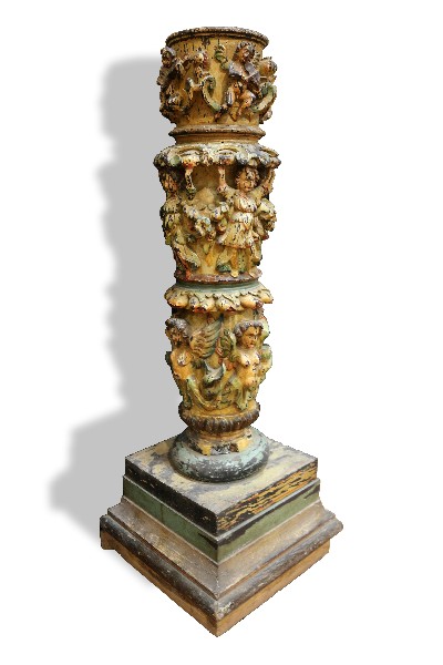 Antica colonna in legno dipinta. Epoca 1600. 