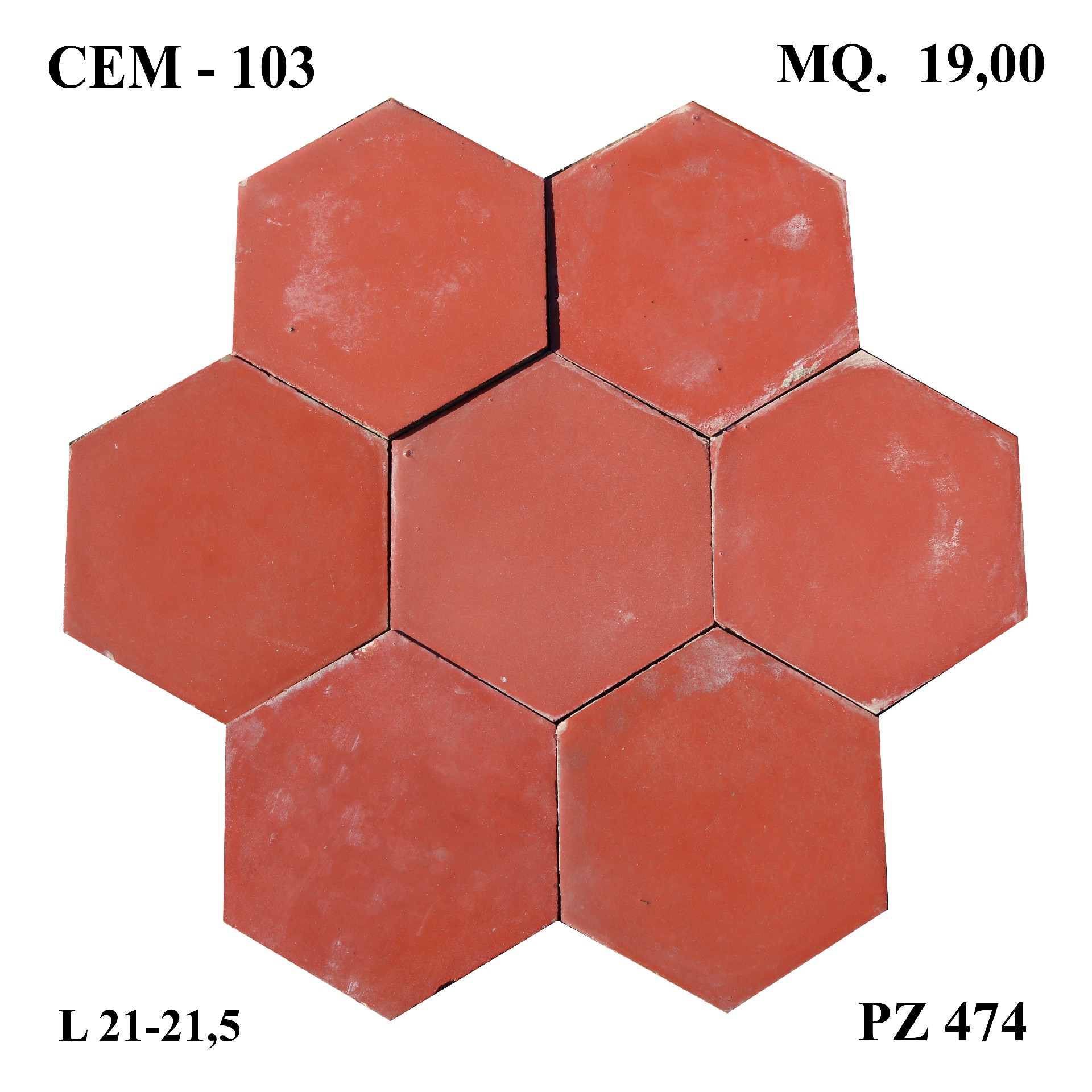 Antica pavimentazione in cementine esagonale. Lato cm.12,5. - Cementine e Graniglie - Pavimentazioni Antiche - Prodotti - Antichità Fiorillo