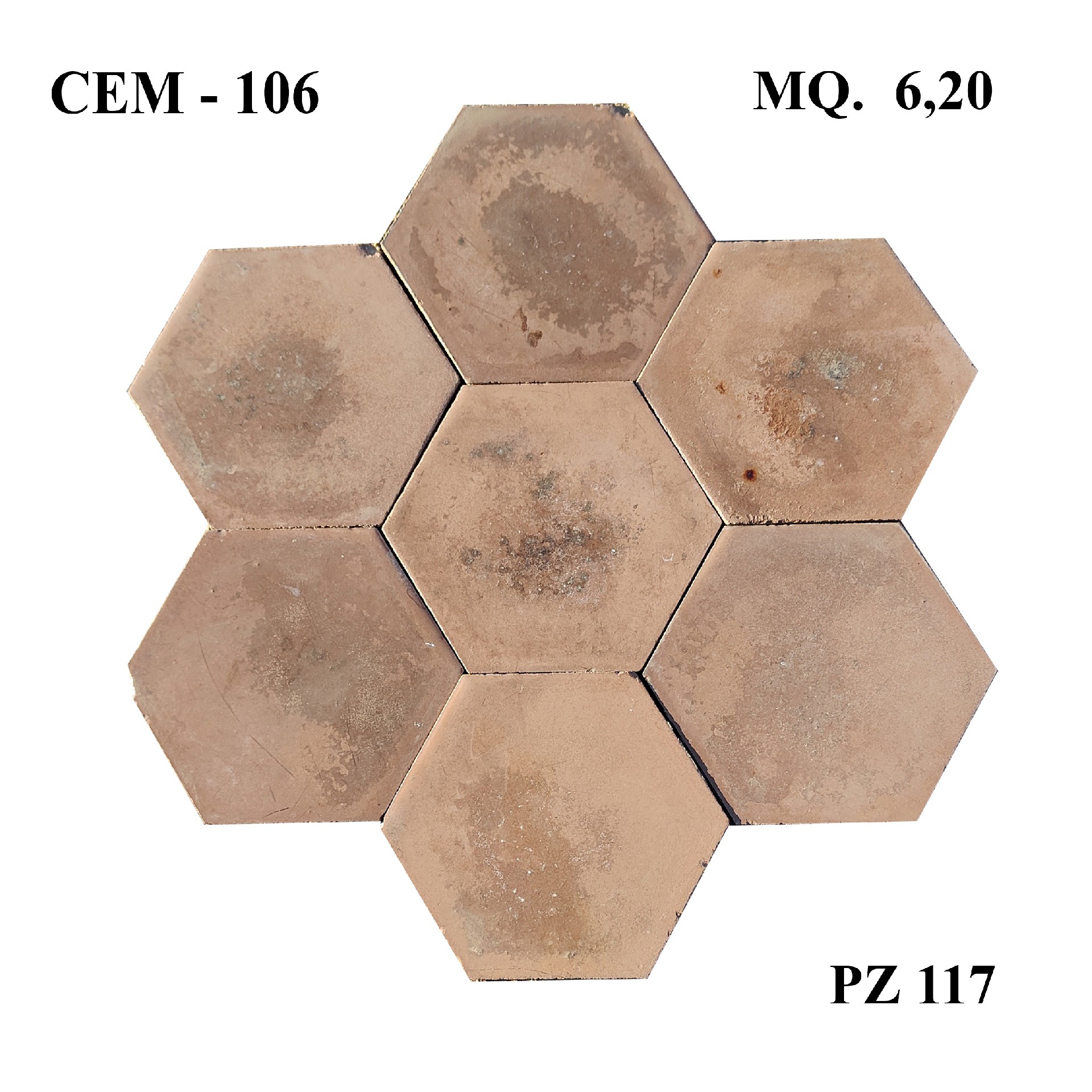 Antica pavimentazione in cementine esagonale. Lato cm.14,5. - Cementine e Graniglie - Pavimentazioni Antiche - Prodotti - Antichità Fiorillo