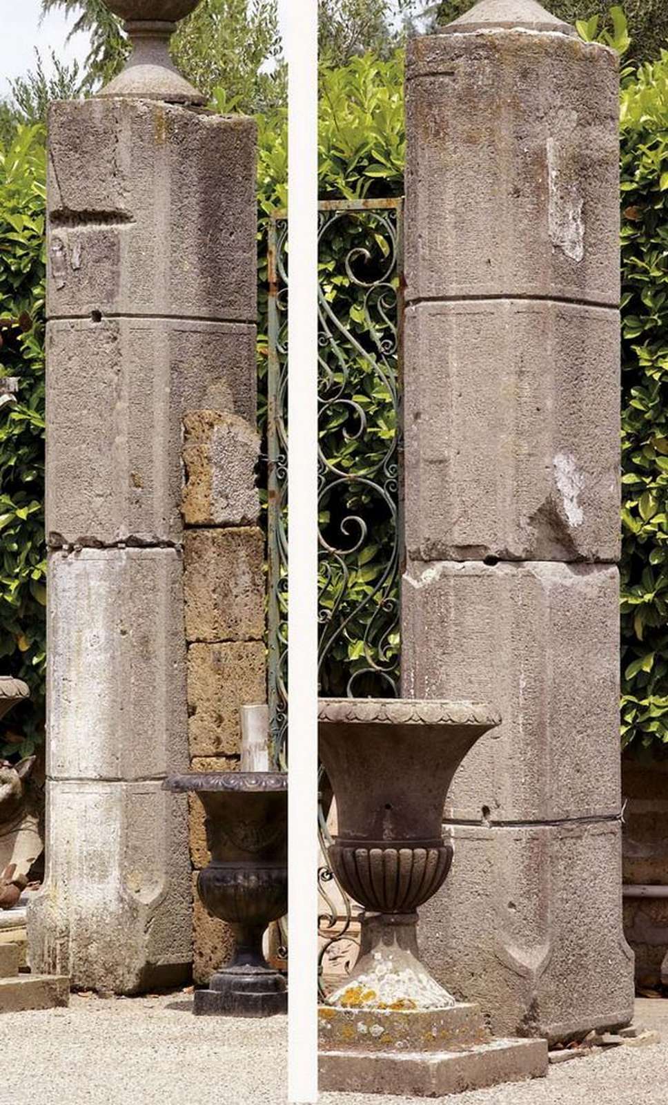 Coppia di antiche colonne da cancello in pietra. Epoca primi 1900. - Colonne da Cancello - Cancelli e Complementi - Prodotti - Antichità Fiorillo